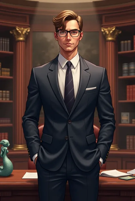 A handsome man with brown hair and glasses is standing in his mayor office wearing a suit. On his mayor desk theres a statue of a mermaid