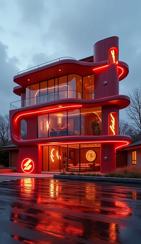 A dynamic and sleek three-storey house designed to look as if it’s in motion, with streaks of glowing red and gold lighting that mimic lightning bolts wrapping around the facade. The house features smooth, aerodynamic lines, and the entrance is framed by a...