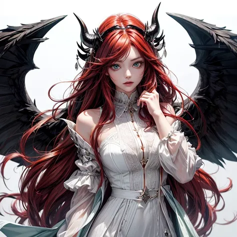  a girl with black horns twisted forward , she has big black wings, Her hair is semi-wavy , red hair, and green eyes,  she wears a flowing white outfit and silver accessories (neutral background) 