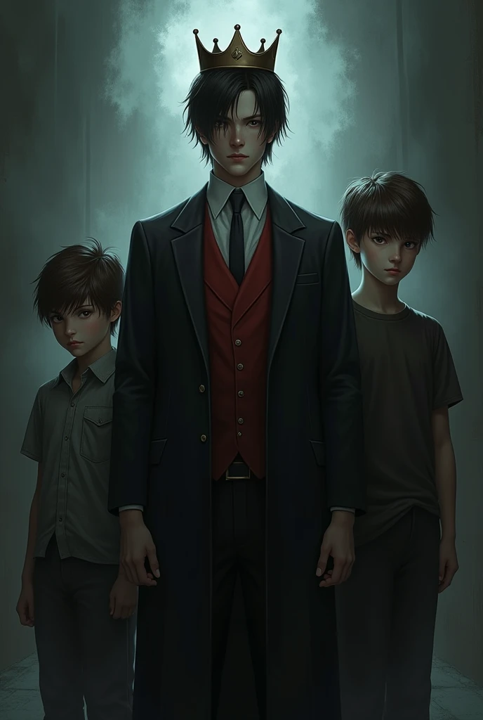 Creat a profile picture with only three young boys on the left a boy in style of alan wake in the middle a person about 20 with money black red suit and a crown and short hair that are going litlle up on the right a young boy with light skin tone little fa...