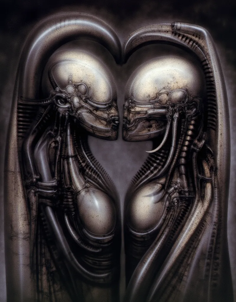 h. r. giger's , g1g3r, giger_style, the image is a detailed view of h.r. giger's \" li ii \" plate, featuring  a close-up of a c...