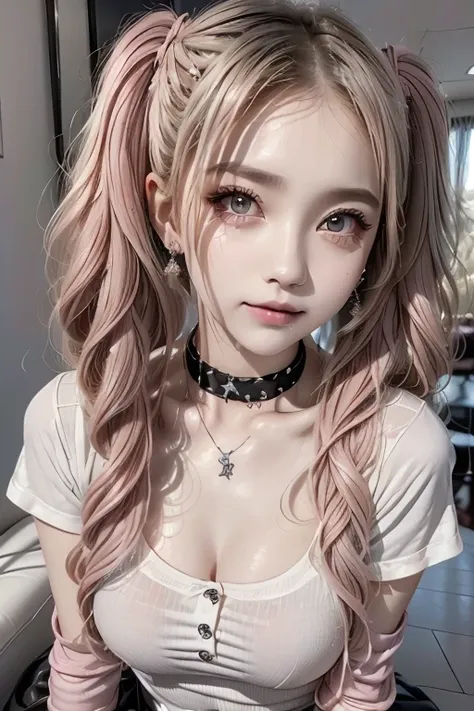  1 girl, masterpiece,  ((Short twin tail hair))、textured skin,  Hi-Res,  best quality,  Light grey hair、((The tips of the hair are curly and light pink))、 choker、Earrings、Droopy eyes、gothic punk clothes