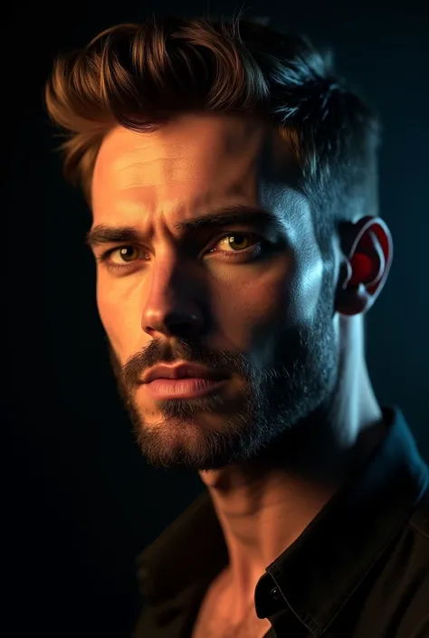  very Handsome Man Wearing a black suit hazel eyes,  stylish hair and attractive face,  stubble beard portrait photo left side of  his face dark light on and right side of his face used white light quality: extremely detailed and modern quality background:...