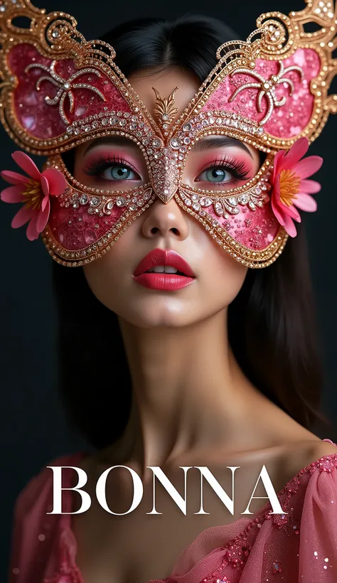 A cinematic magazine cover for "BONNA" with the subtitle "Beauty & Lash" and "Beauty opens new narratives adventures". A portrait of a Asian woman with rich, light brown skin. She is wearing an ornate butterfly and flowers mask made of gold and pinky jewel...