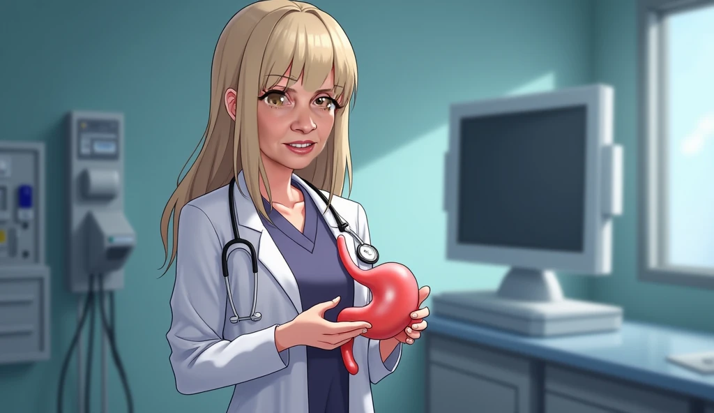 A BLONDE FEMALE DOCTOR, LONG BLONDE STRAIGHT HAIR, IN A MEDICAL ROOM, HOLDING A  ESOPHAGUS AND STOMACH with her hands IN FRONT OF HER