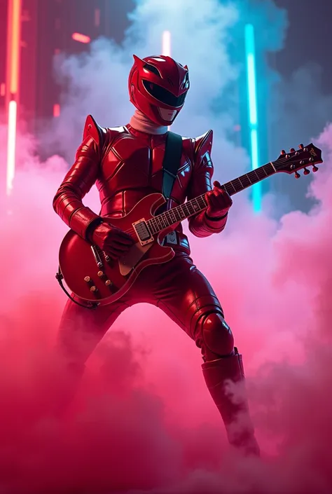 Red power ranger holding a guitar surrounded by smoke and colored neon lights