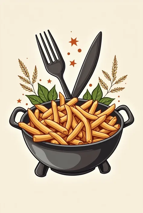 Imagine realistic restaurant logo called Master fries and pasta with cutlery French fries pasta pots