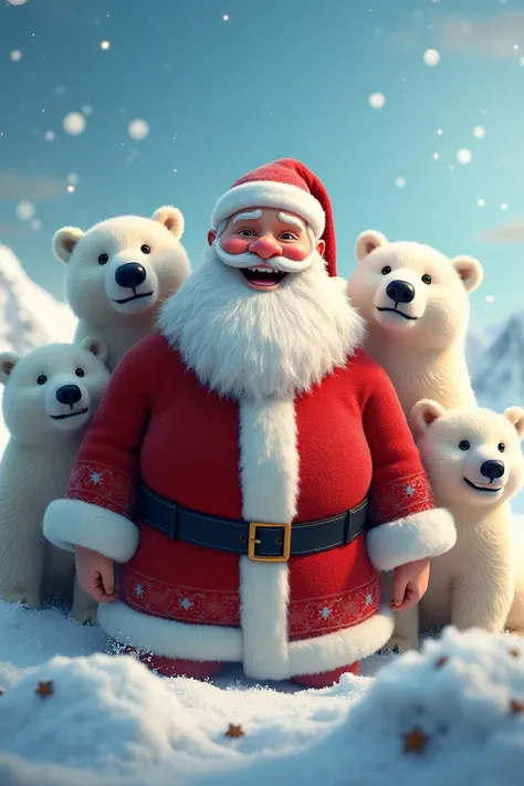 Santa Claus smiling with polar bears behind 