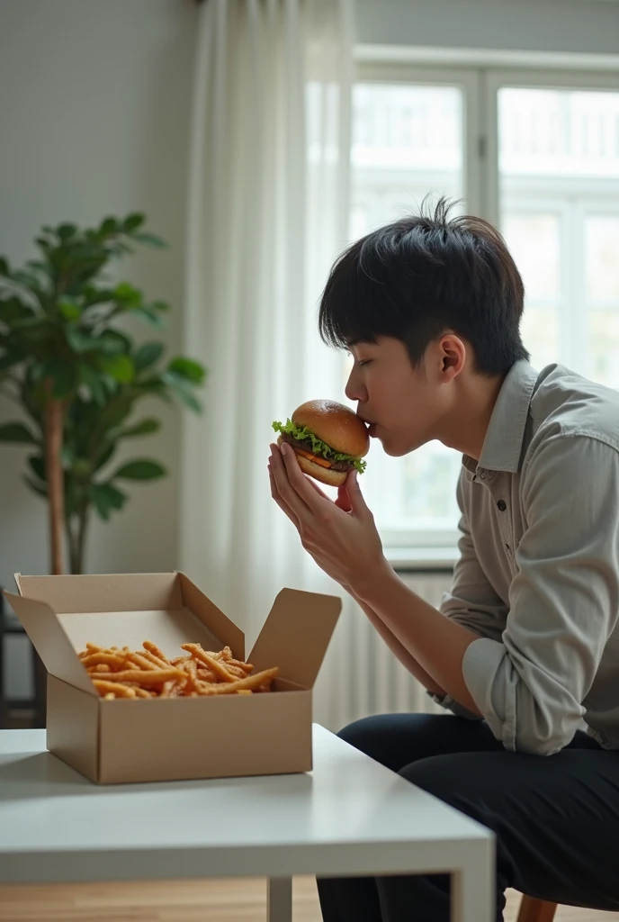  real image of a lunch box on a white coffee table and a seated office worker grabbing a hamburger with both hands, He is in profile and is about to bite her , while looking at the hamburger 