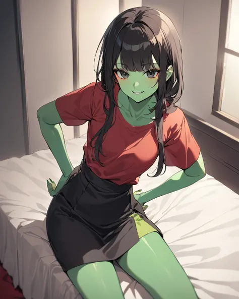 1girl,Alone, dark hair ,  black eyes， High Resolution , Skin of color，Green Skin，whole body，Green Skin， green nails ，Sharp nails，Green Skin，whole body，Green Skin，Directly opposite， red top ，Black skirt，Smile，Sitting on the bed，Hands on hips