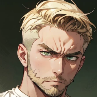 handsome man, short hair, ((crew cut)), (blonde beard), looking at viewer, ((angry)), (brown hair), (green eyes), t-shirt, (background: white), ((front view)), (tanned skin), (portrait)