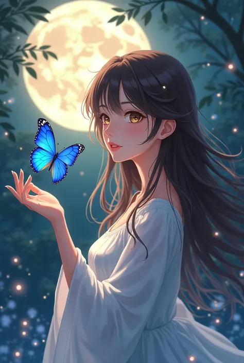 Anime girl with a blue butterfly on her right hand, Brown hair and the image of the Moon behind 