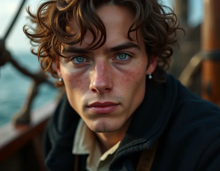 (young british man, 22 years old, pale skin, handsome, clear blue eyes, wavy brown hair, freckles on face, old european clothing on an old ship, historical 1600s, portrait, high quality, realistic, photorealistic, detailed, cinematic lighting, dramatic, 8k...