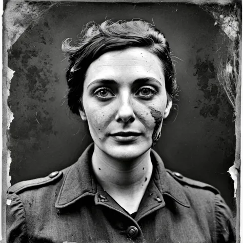  Old black and white WWII image of a woman, analog style, damaged photo ,  