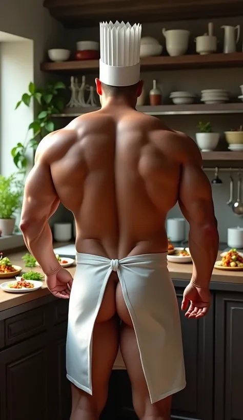 An image of a very bulky muscular masculine chef, wearing only sheer white apron and toque, exposed back, exposed buttocks, exposed legs, cooking indonesian food, camera angle from behind exposing his back and buttocks.