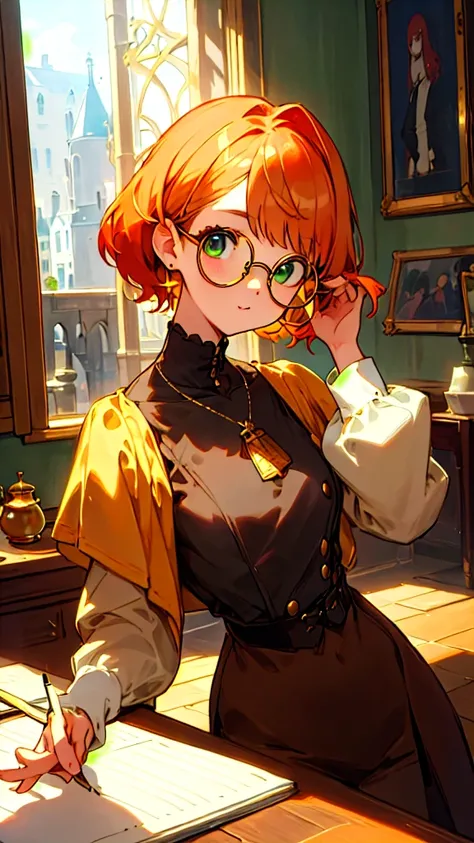 ( masterpiece、 better quality、super detailed 、illustration)、 Dark Manon hair  、 coupe au bol de face、 yeux bruns 、  tie her hair with orange-green hair clips 、 she wears round and gold glasses ,  plan sur le haut du corps 、  beautiful face、 corps parfait、 ...