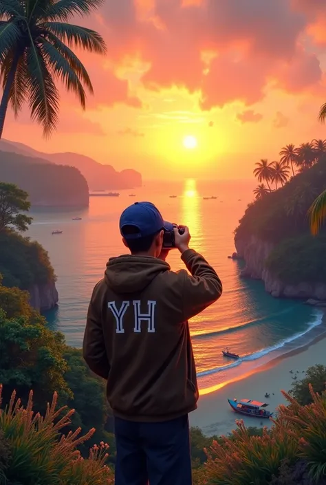  A 26-year-old Indonesian man wearing a navy blue hat and brown jacket with the words YH, photographing the sunrise over a beautiful hill,  below it there is a beautiful beach and fishing boats ,  in the distance there are beautiful coconut trees , realist...