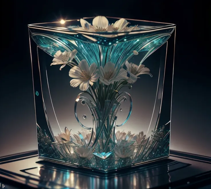  The masterpiece of glass sculpture ， contains flowers，water，The light shines ，Fantastic， High Quality ， high detail， best quality ，，4K，8k，