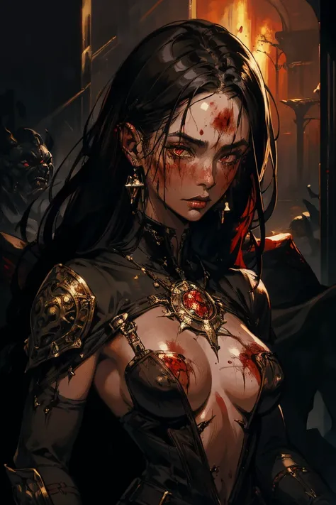 Mujer Dark fantasy style, detailed portrait,  American plane, (beautiful young woman with red skin), Dark fantasy style, ((blood)), Wear medieval armor , Evening, aggressive look (very detailed skin), ( detailed face) ( very small breasts ), Poisonous swam...