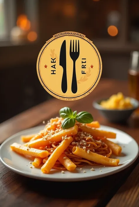 Imagine realistic restaurant logo called Master fries and pasta with cutlery French fries pasta