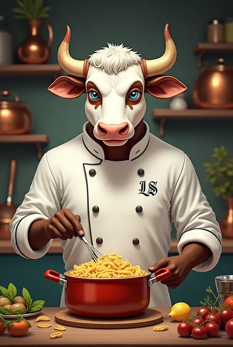 Un taureau anthropomorphes et chef de cuisine.
Il cuisine des pâtes.
Il est Blanc avec des taches brunes sur les coup et il a les yeux bleus.
Les initiales LS sont broder sur sa veste de cuisinier.