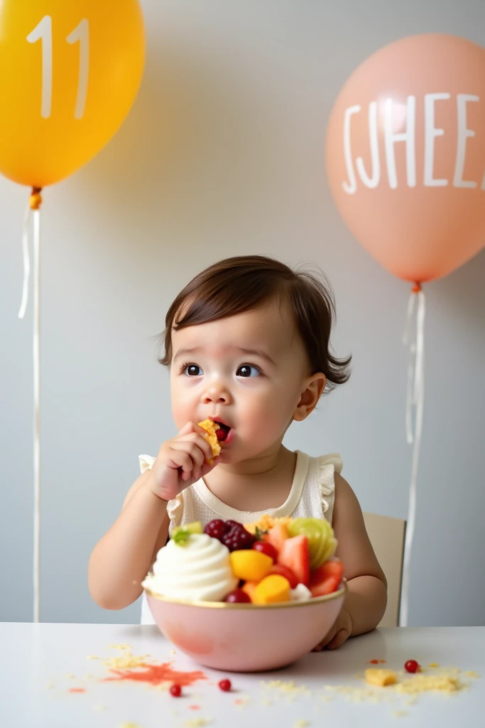 an 11-month-old brown-haired baby eating a fruit salad with ice cream and on the side a balloon with the number 11 and another balloon that says  the name "JHAZEEL"