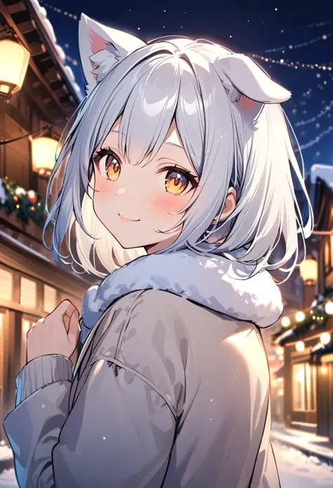 Winter Town ，Beautiful night view，smile，Dog ears girl，White hair turned around