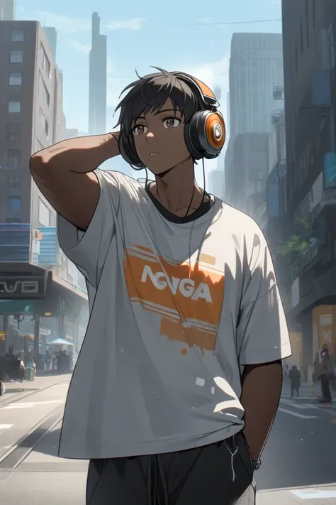 1 man, dark-skinned Man with t-shirt, pants, in city background 8k, Ultra HD, Brown eyes, black hair, short hair, headphones behind head. 