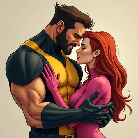 Hairless Bald medium short brown beard Wolverine uniform black with yellow X-Men 
Jean Grey skinny young pink uniform X-Men hugging each other in love 