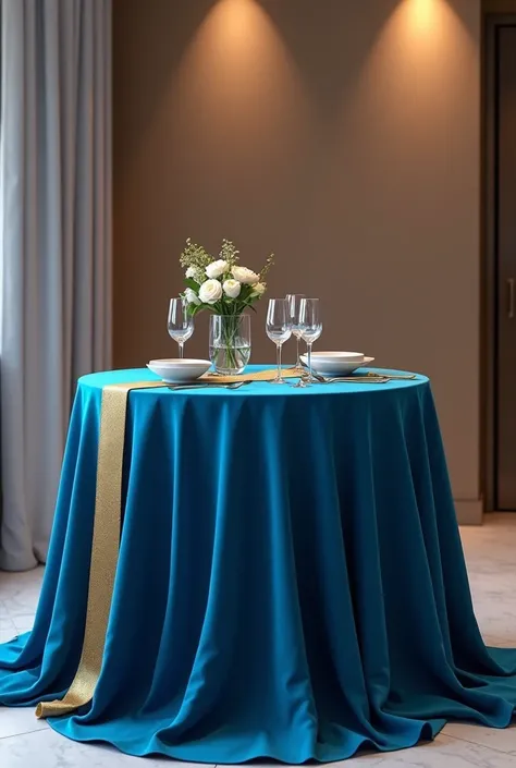 Generate an image of a cocktail table with a blue tablecloth and a gold ribbon