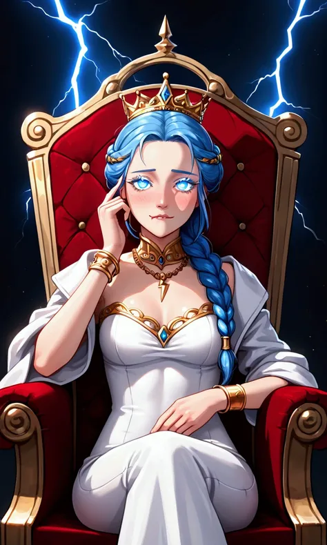 Young lady, bright skin, navey blue hair, braided ponytail, queen, crown, glowing eyes, detailed iris, thick eyelashes, tight dress, hair ornament, jwellery, gold chain, bracelet, female pervert, erotic face, yandere, blush, lip biting, white coat, navey b...