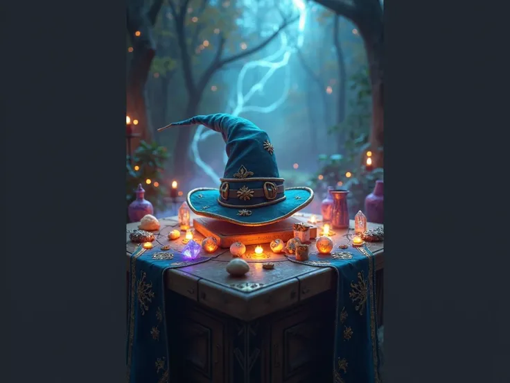 picture of a table with magic things and a hat in the middle, the end of the hat is bent down