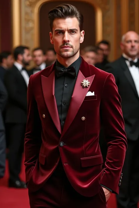   Handsome men&#30;s  maroon look for a pearl-themed gala