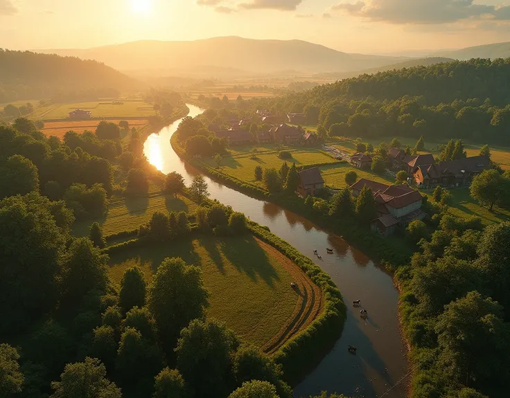 bird&#39;s eye view , glitters in the sun on an incredibly beautiful rural settlement in Eastern Europe,  countryside , neat cultivated fields , orchards of fruit trees ,river,  cows grazing in the meadow ,forest in the distance, блестит на солнце извилист...