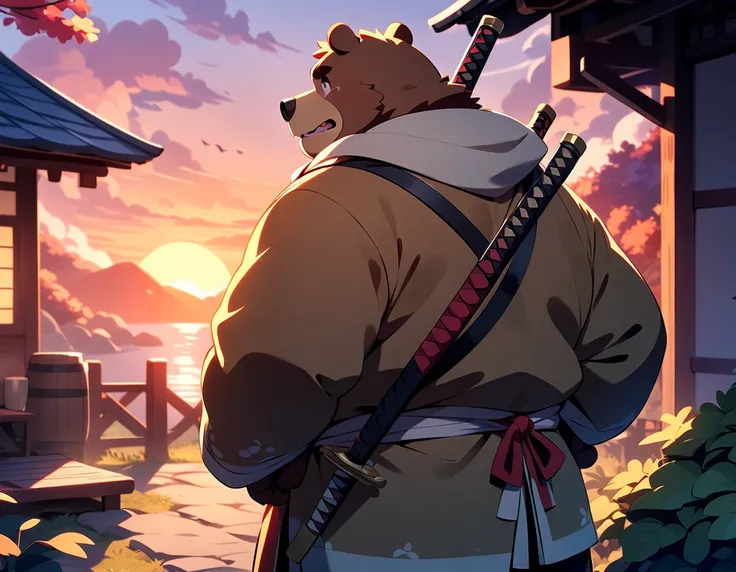  Overweight Bear Man, masterpiece,  best quality , Brandishing a sword、 VERY BEAUTIFUL、samurai boy、white riding hood、Watching the sunset、one boy, He sheds tears、Side to back angle 