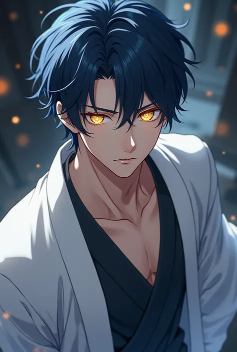  Young looking man , not too young,  in battle anime style ,  epic position conveying heroism , dark blue hair, beautiful appearance,  eyes shining and shining in gold,  looking at a penetrating , very pale skin,  messy short hair ,  bangs but not too long...