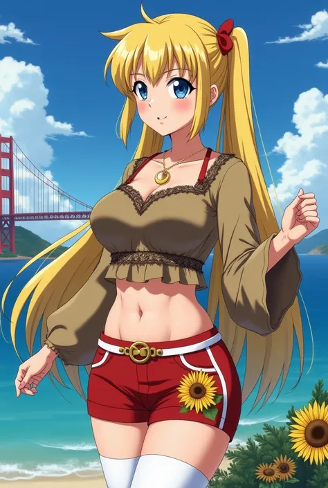 Serena,  a beautiful 25-year-old blonde woman ,  very long hair tied in two pigtails in the shape of odangos,  her bangs split in half fall on her blue eyes,  red lips,  wearing a khaki lace print blouse , long flared sleeve ,   with a golden moon belt und...