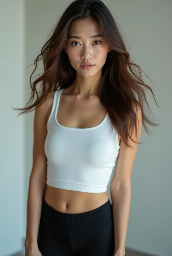 Asian woman with brown wavy hair wearing black tight ribbed leggings and a white tanktop.