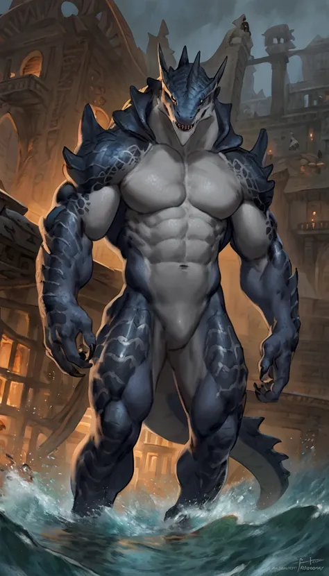 sharkman, gray belly, black and blue hands and fins, black back, solo, big arms, koholasaurus from genshin impact, bara, detailed smooth skin on abs, lizard shark hybrid, anthro, closed mouth, detailed scales, muscular, thick scales on arms and legs, propo...