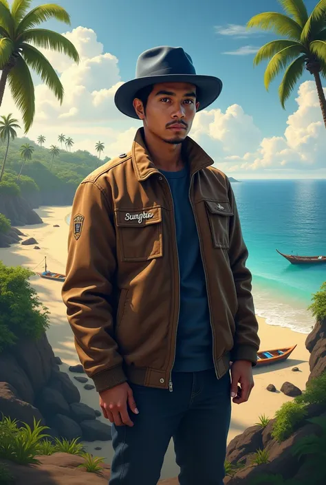 A 26-year-old Indonesian man wearing a navy blue hat and brown jacket with the inscription sunrise on a beautiful hill, below it there is a beautiful beach and fishing boats and pesi boats,  in the distance there are beautiful coconut trees , realistic