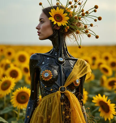 A surreal depiction of a full-length woman merging with sunflowers, her body transforming into petals, stems, and intricate robotic components. Her attire blends ethereal fabrics with metallic accents, featuring hints of Ukrainian embroidery dissolving int...