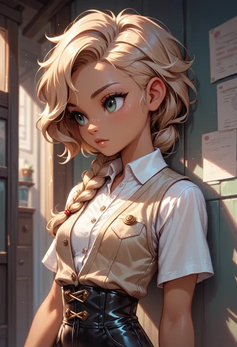 curious explorer with wavy chestnut hair tied in a loose braid, wearing a tan linen shirt under a weathered leather vest, small breasts, waist-up, 