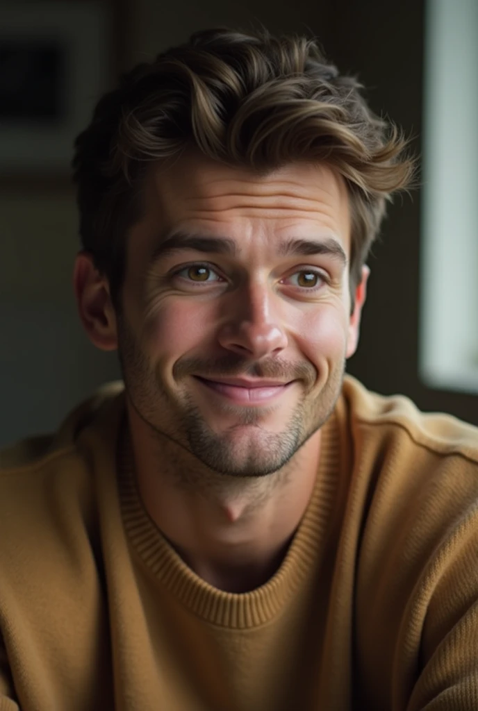 young man with his eyes cast downward, he is looking down, his eyes are looking straight down, highly detailed photograph of a man with an surprised facial expression. average looking guy, he is wearing a tan sweater. brown haired man. short beard, brown e...