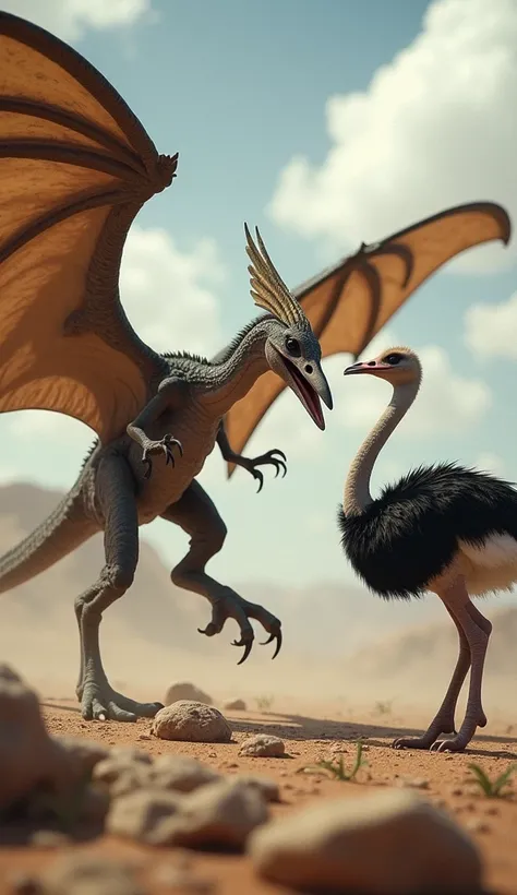  An ultra-realistic image depicting the fierce confrontation between a pterosaur and an ostrich . The pterosaur ,  with enormous, membranous wings extended ,  displays its elongated head with a sharp beak , } penetrating eyes and bony crest in shades of br...