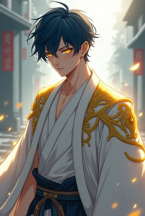  Young looking man , not too young,  in battle anime style , dark blue hair, beautiful appearance,  glowing eyes shining in gold , very pale skin,  messy short hair ,  bangs but not too long, muscular, beautiful art, more golden and heavenly eyes , large a...