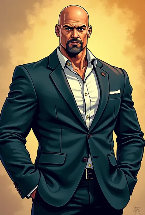 A bald handsome man with a goatee wearing a well tailored and not tight suit. Make him a bit bulky but the suit should not be in any way tight

Make the goatee more prominent but well kept, a bit long

Generate it in comic style art make him with a longer ...