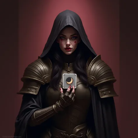 Stylish man with armor ((Malenia Elden Ring game character)), shows the crescent moon card, burgundy light background, masterpiece, portrait, sad character laughed sadly