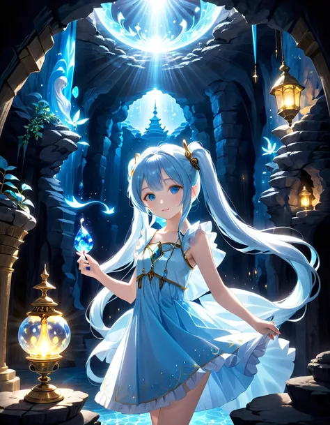  long light blue hair、 Beautiful Girl with Twin Tails 、In a dark cave、A magic lamp that shines brightly、The jewels are shining a lot