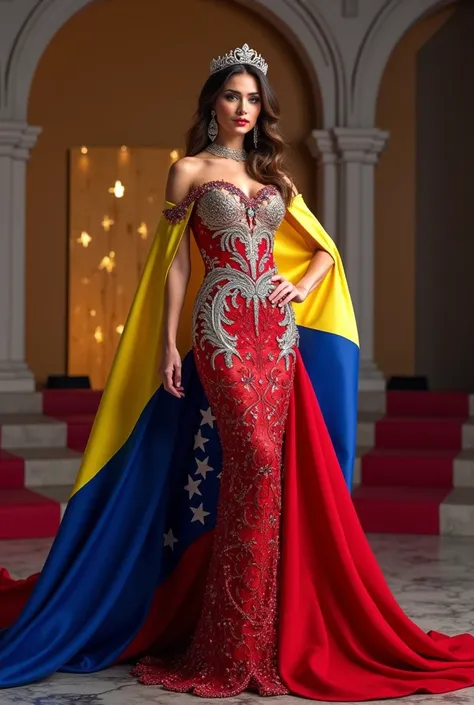 Woman dressed as Miss Universe with the beautiful Venezuelan flag sexy elegant 