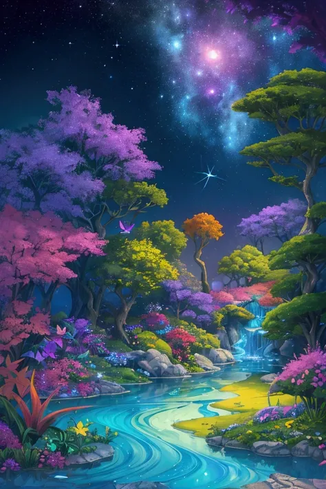 A surreal landscape in a fantasy setting, with vibrantly colored exotic plants and colorful butterflies flying around. Winding rivers cross the terrain, reflecting the soft light of a large silver moon in the sky. The sky is a spectacle of colors, mixing p...